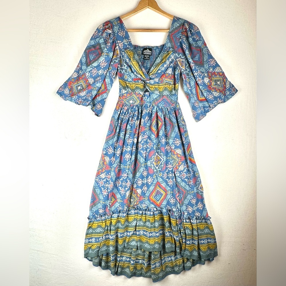 Angie Twist -Neck  Smocked Geo‎ Midi/Maxi Dress Keyhole Waist Boho Hippie